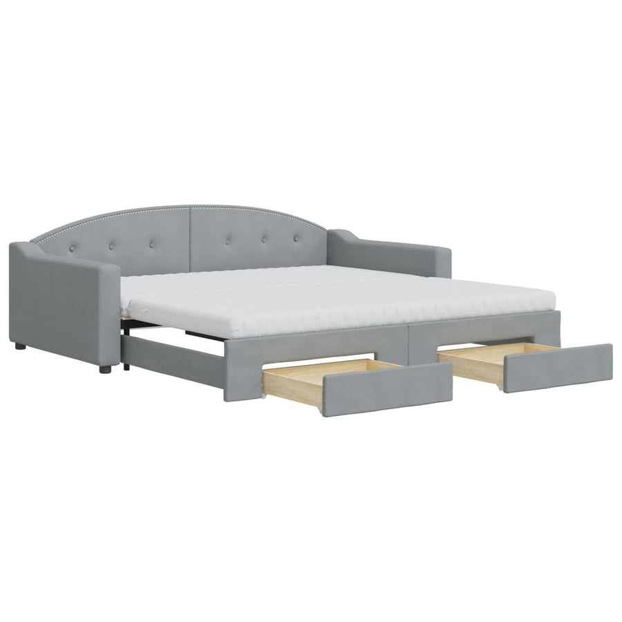 Slaapbank Onderschuifbed En Lades Stof 100 x 200 cm Lichtgrijs met onderschuifbed en lade en matras