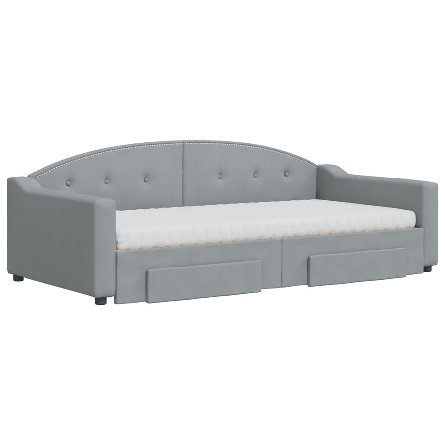 Slaapbank Onderschuifbed En Lades Stof 100 x 200 cm Lichtgrijs met onderschuifbed en lade en matras