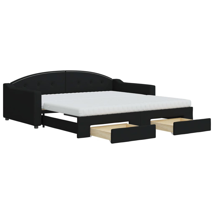 Slaapbank Met Onderschuifbed En Lades Stof 100 x 200 cm Zwart met onderschuifbed en lade en matras