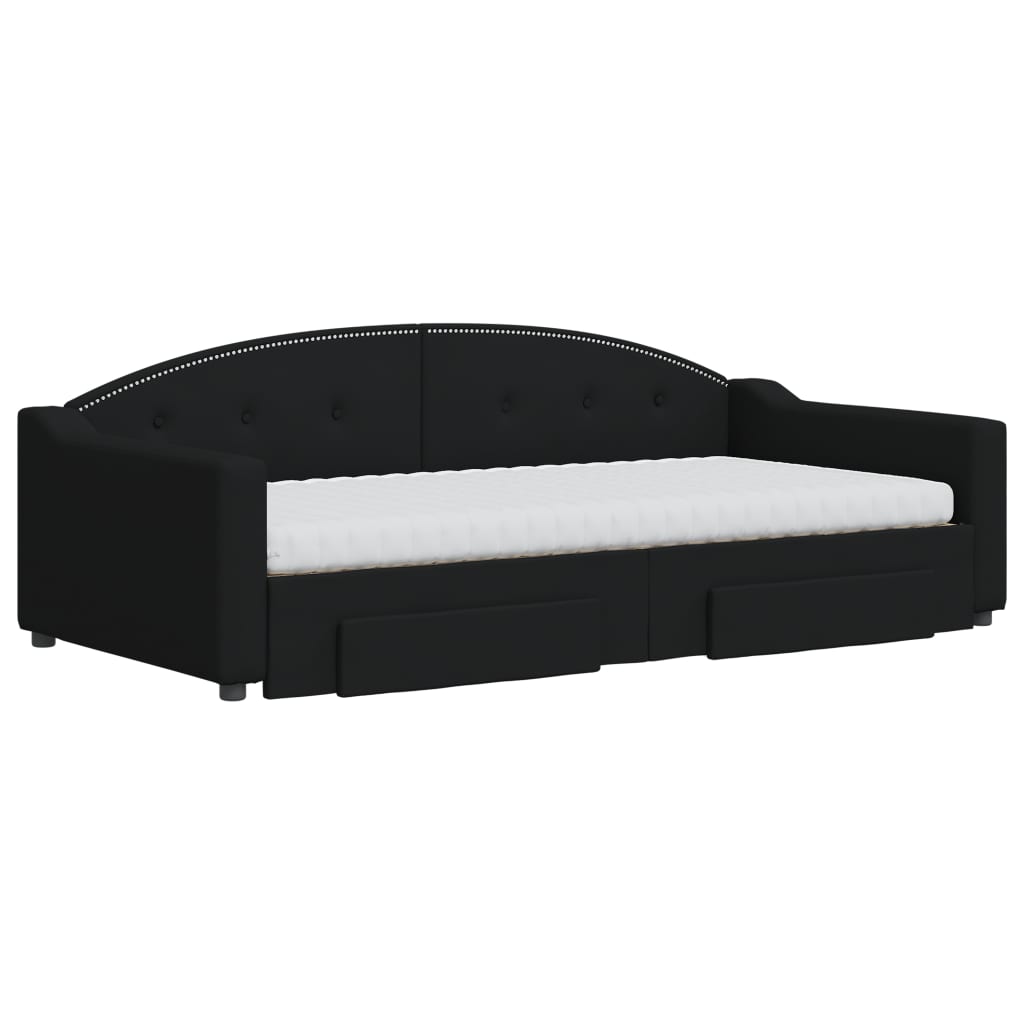 Slaapbank Met Onderschuifbed En Lades Stof 100 x 200 cm Zwart met onderschuifbed en lade en matras