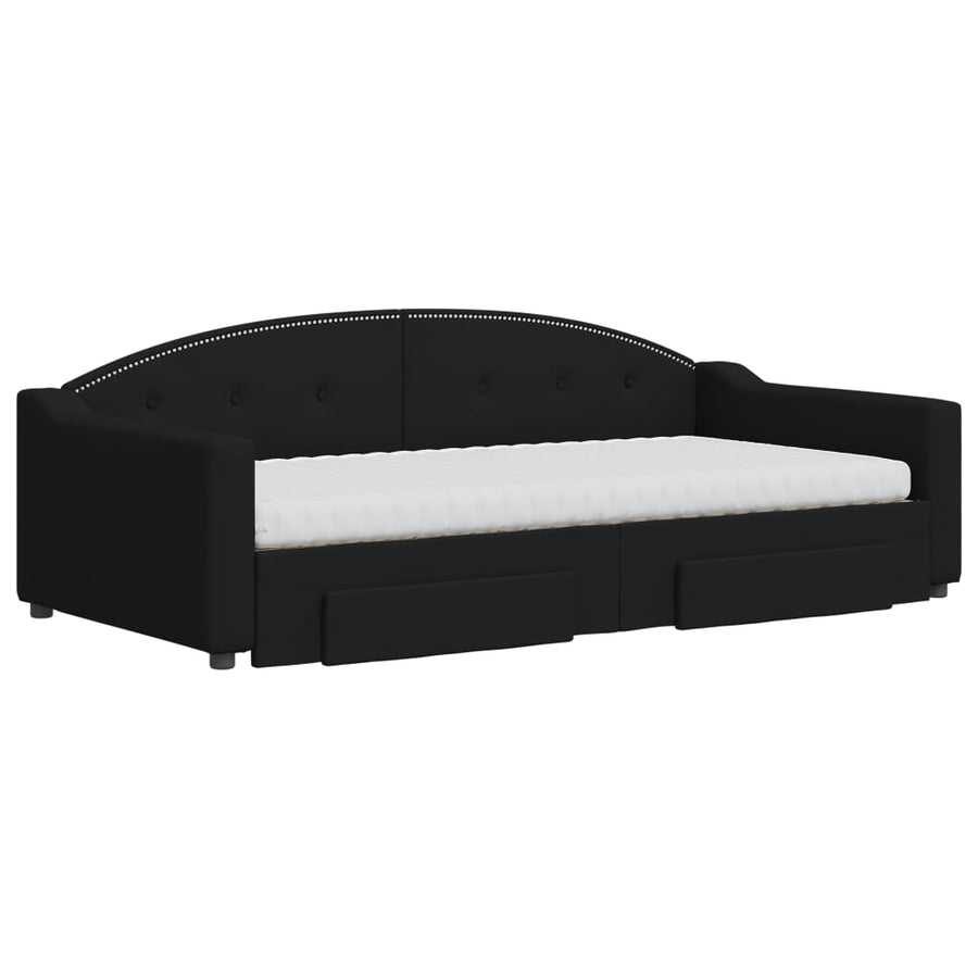 Slaapbank Met Onderschuifbed En Lades Stof 100 x 200 cm Zwart met onderschuifbed en lade en matras
