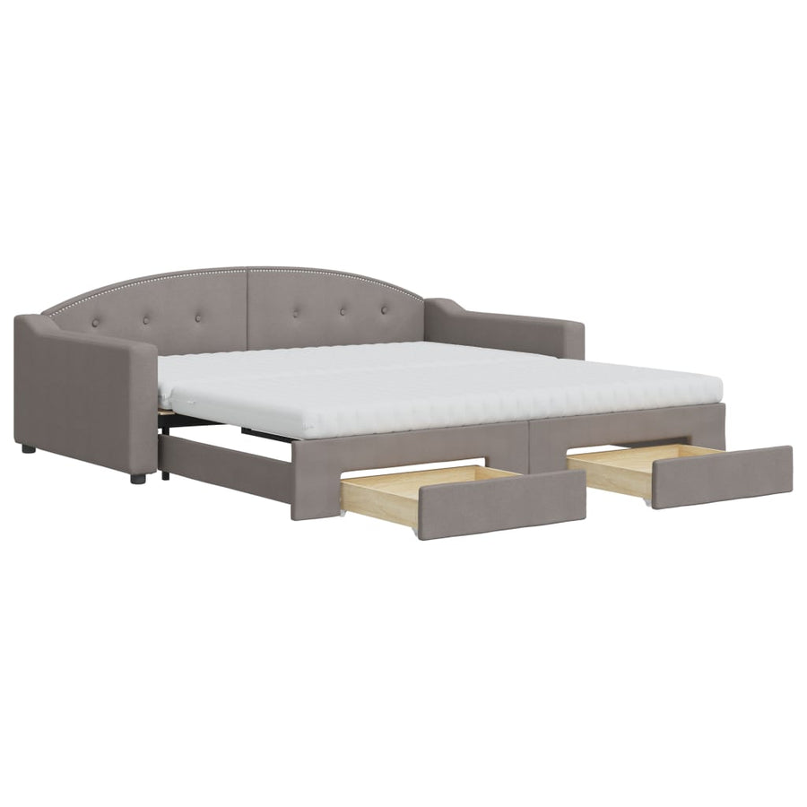 Slaapbank Met Onderschuifbed En Lades Stof 100 x 200 cm Taupe met onderschuifbed en lade en matras