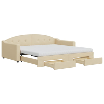 Slaapbank Met Onderschuifbed En Lades Stof 100 x 200 cm Crème met onderschuifbed en lade en matras