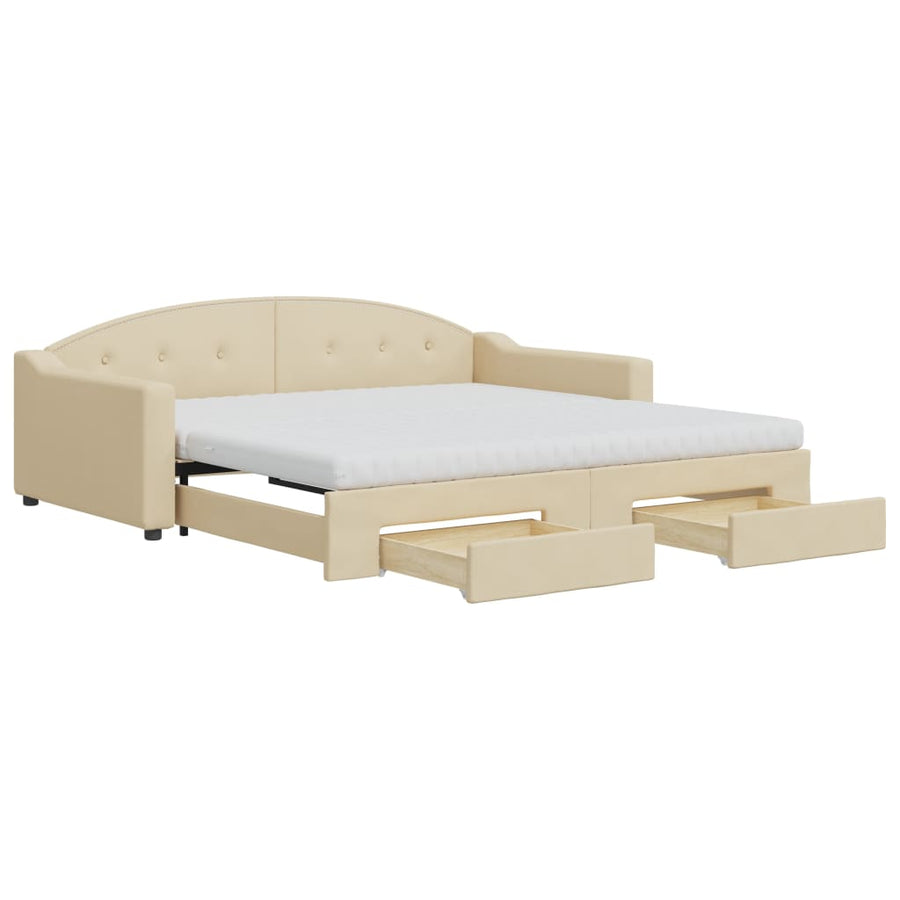 Slaapbank Met Onderschuifbed En Lades Stof 100 x 200 cm Crème met onderschuifbed en lade en matras