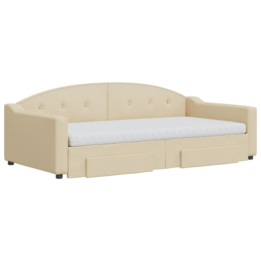 Slaapbank Met Onderschuifbed En Lades Stof 100 x 200 cm Crème met onderschuifbed en lade en matras