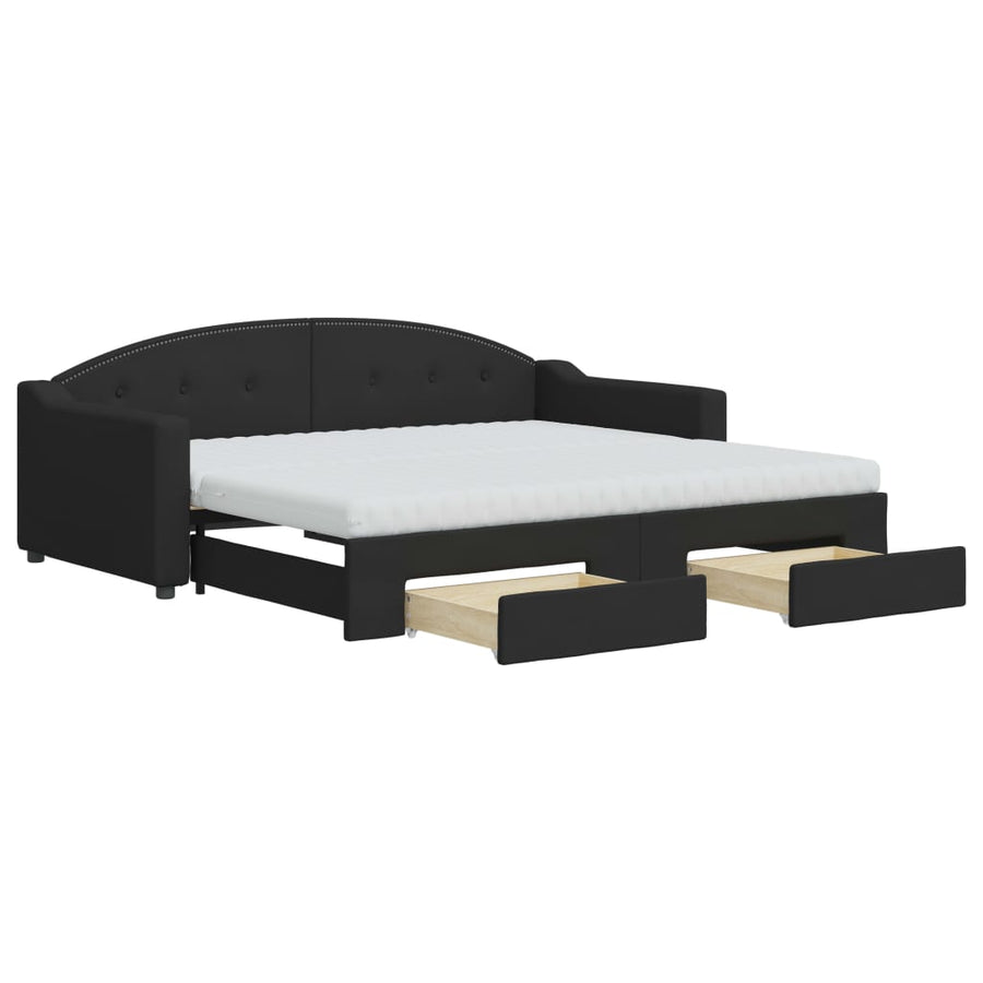 Slaapbank Met Onderschuifbed En Lades Stof 90 x 190 cm Zwart met onderschuifbed en lade en matras