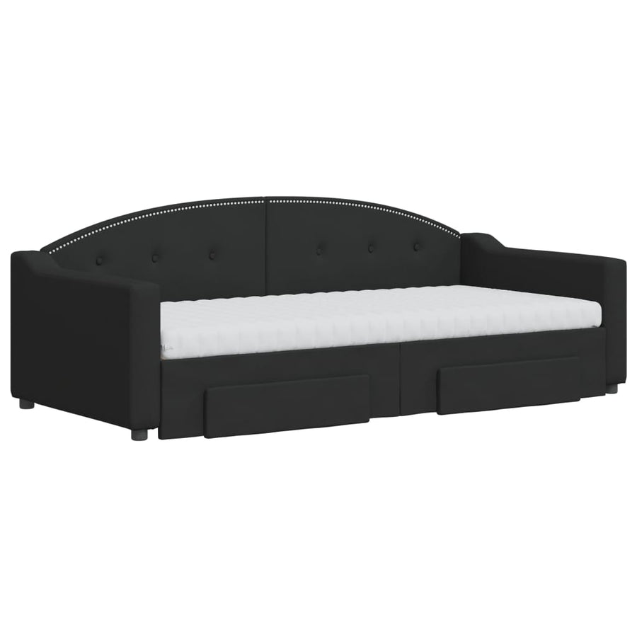 Slaapbank Met Onderschuifbed En Lades Stof 90 x 190 cm Zwart met onderschuifbed en lade en matras