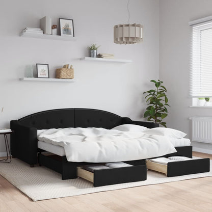 Slaapbank Met Onderschuifbed En Lades Stof 90 x 190 cm Zwart met onderschuifbed en lade en matras