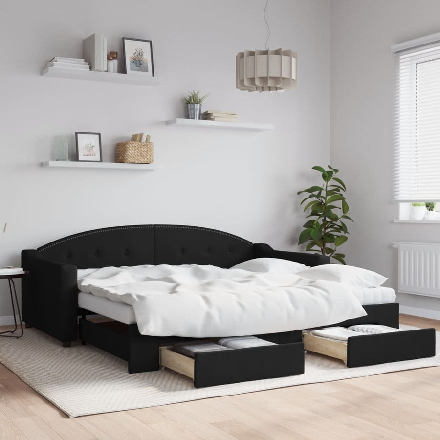 Slaapbank Met Onderschuifbed En Lades Stof 90 x 190 cm Zwart met onderschuifbed en lade en matras