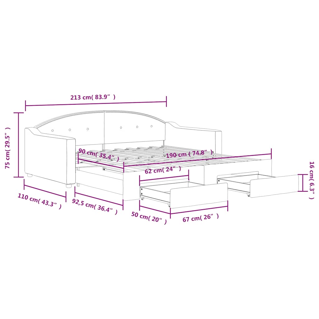 Slaapbank onderschuifbed lades 100x190 cm stof lichtgrijs (VS)