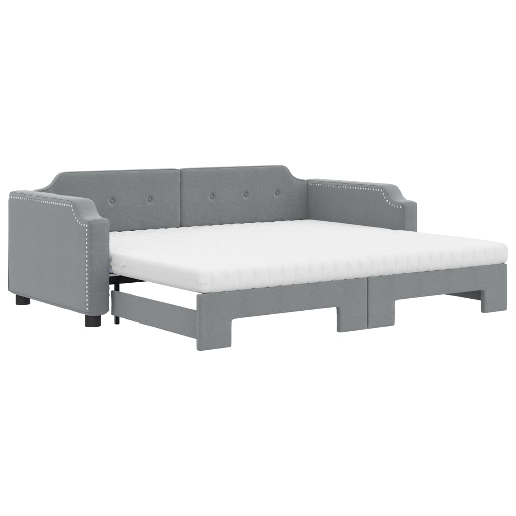 Slaapbank Onderschuifbed En Matrassen Stof 80 x 200 cm Lichtgrijs met onderschuifbed en matras