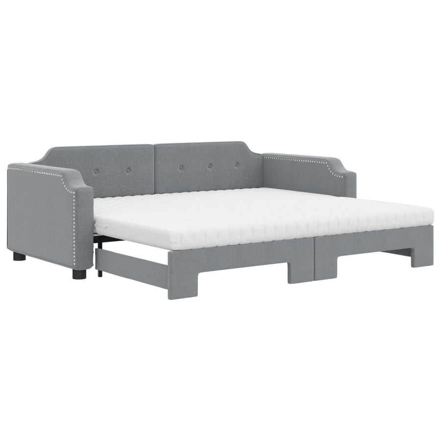 Slaapbank Onderschuifbed En Matrassen Stof 80 x 200 cm Lichtgrijs met onderschuifbed en matras