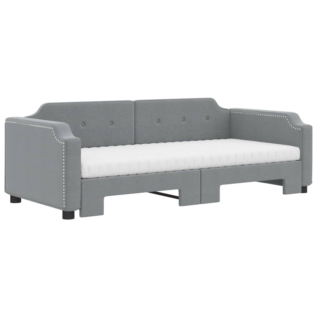 Slaapbank Onderschuifbed En Matrassen Stof 80 x 200 cm Lichtgrijs met onderschuifbed en matras