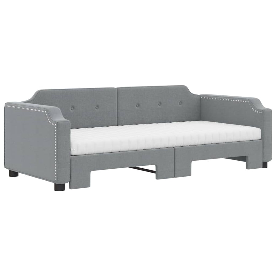 Slaapbank Onderschuifbed En Matrassen Stof 80 x 200 cm Lichtgrijs met onderschuifbed en matras