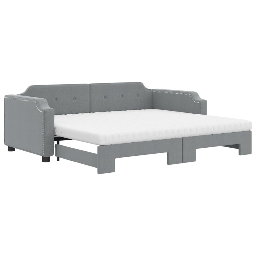 Slaapbank Onderschuifbed En Matrassen Stof Lichtgrijs 90 x 200 cm met onderschuifbed en matras
