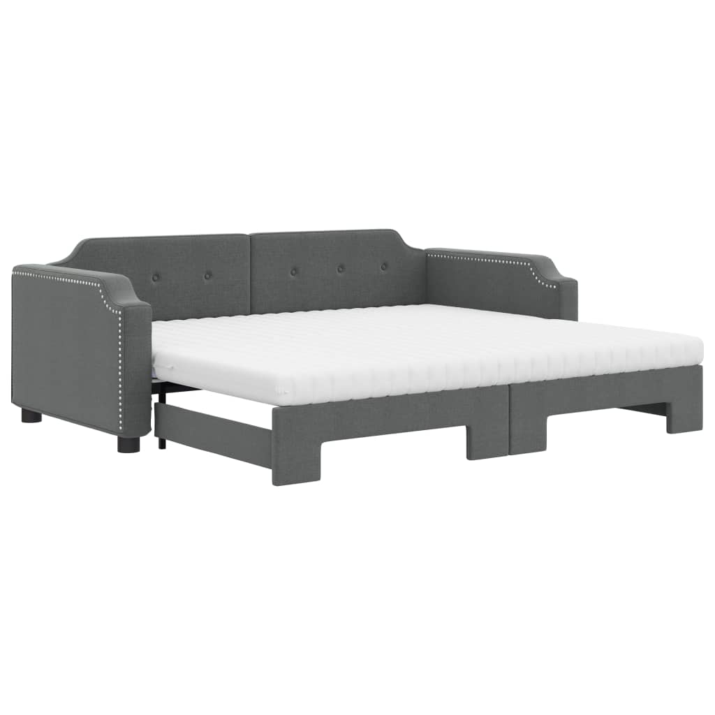 Slaapbank Onderschuifbed Matrassen Stof 90 x 200 cm Donkergrijs met onderschuifbed en matras