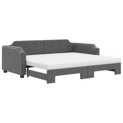Slaapbank Onderschuifbed Matrassen Stof 90 x 200 cm Donkergrijs met onderschuifbed en matras