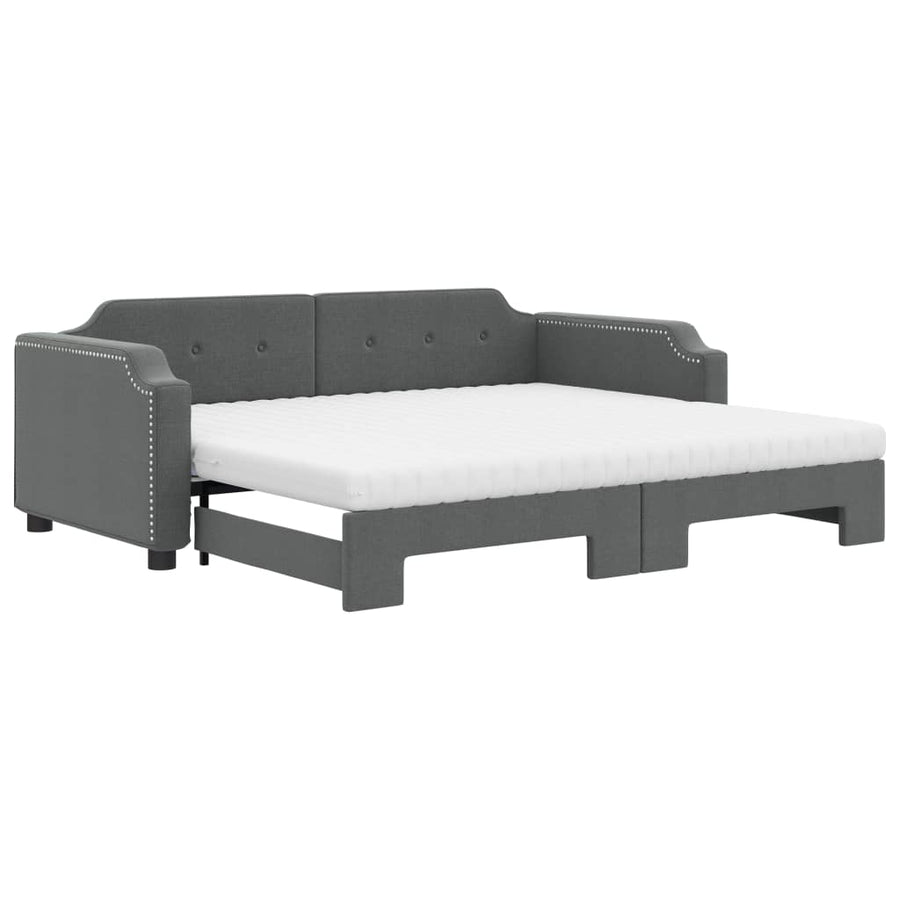 Slaapbank Onderschuifbed Matrassen Stof 90 x 200 cm Donkergrijs met onderschuifbed en matras
