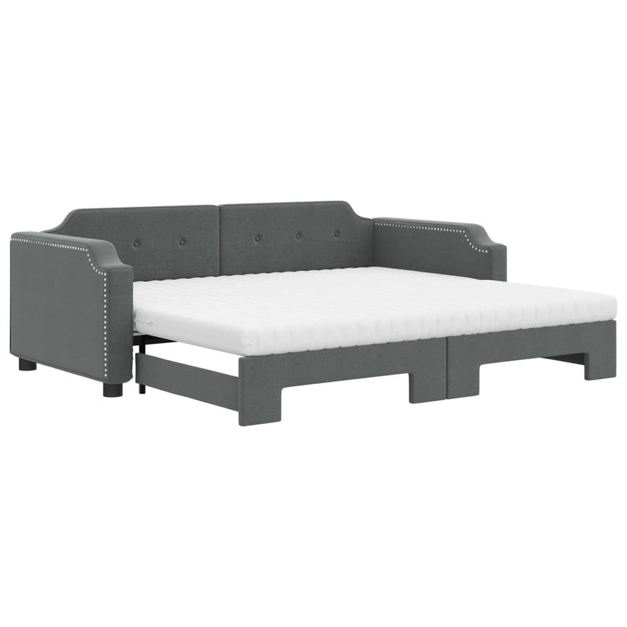 Slaapbank Onderschuifbed Matrassen Stof Donkergroen 100 x 200 cm Donkergrijs met onderschuifbed en matras