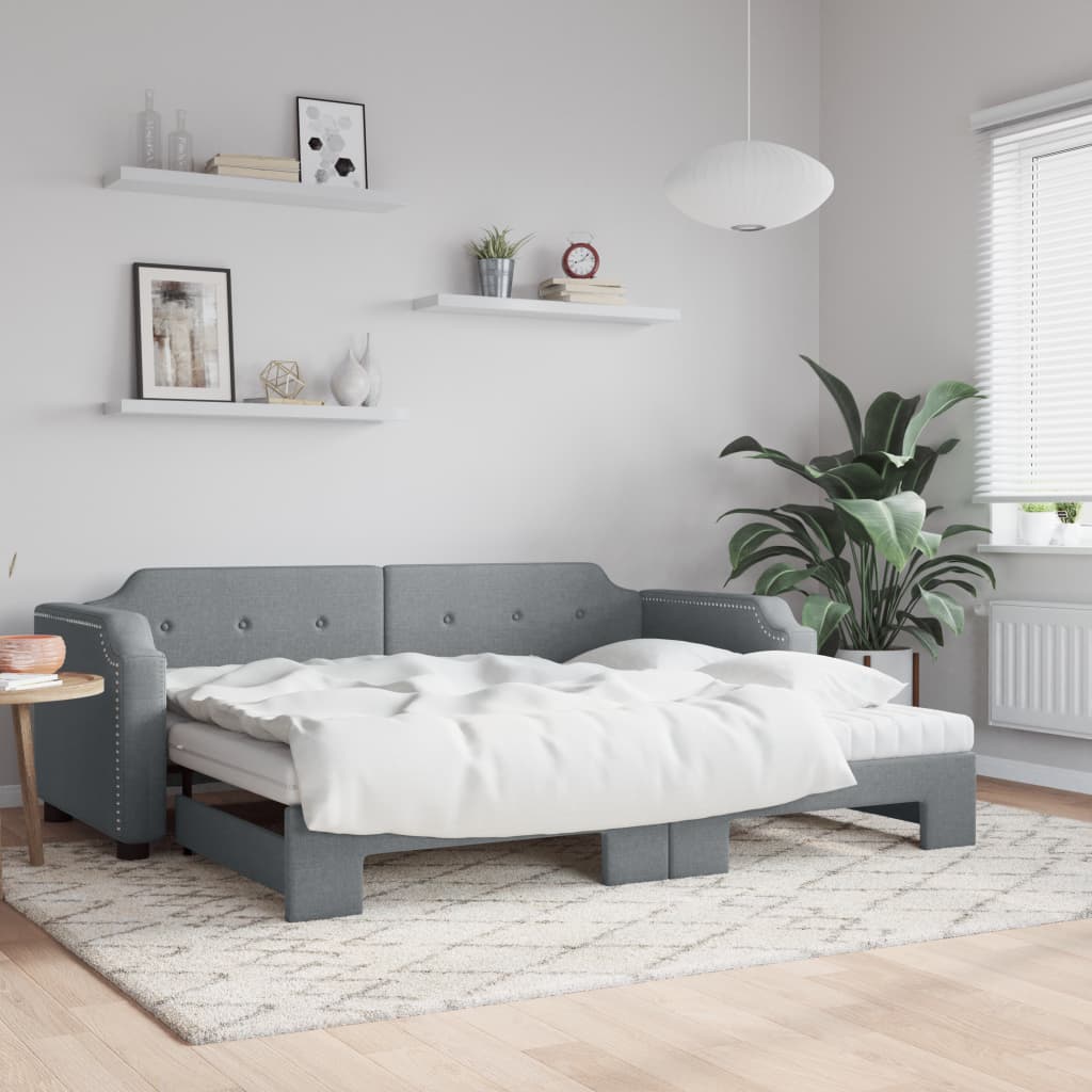Slaapbank Onderschuifbed En Matrassen Stof Lichtgrijs 90 x 190 cm met onderschuifbed en matras