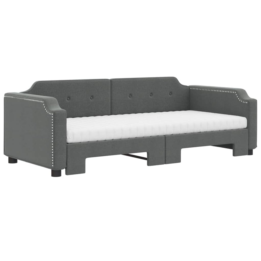 Slaapbank Onderschuifbed Matrassen Stof Donkergroen 90 x 190 cm Donkergrijs met onderschuifbed en matras