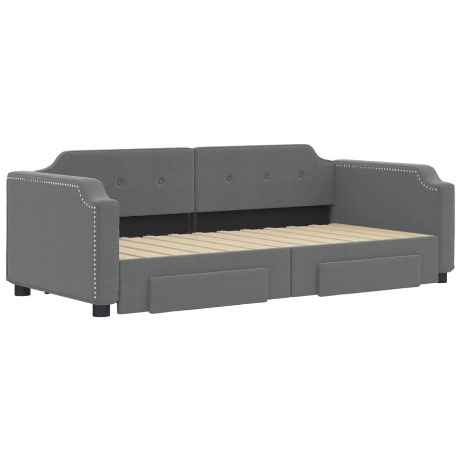 Slaapbank Onderschuifbed En Lades Stof 90 x 200 cm Donkergrijs met onderschuifbed en lade