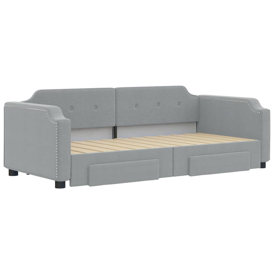 Slaapbank Onderschuifbed En Lades Stof 100 x 200 cm Lichtgrijs met onderschuifbed en lade