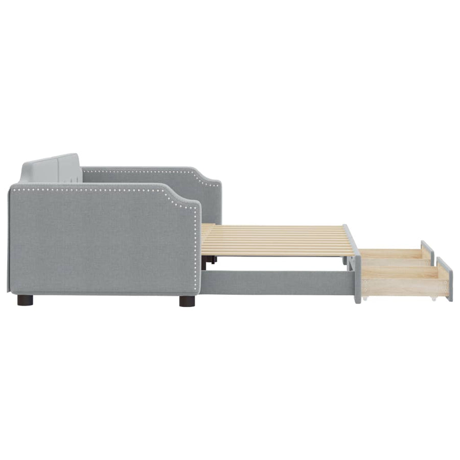 Slaapbank Onderschuifbed En Lades Stof 100 x 200 cm Lichtgrijs met onderschuifbed en lade