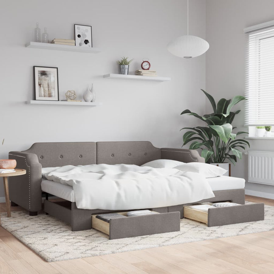 Slaapbank S Stof 100 x 200 cm Taupe met onderschuifbed en lade