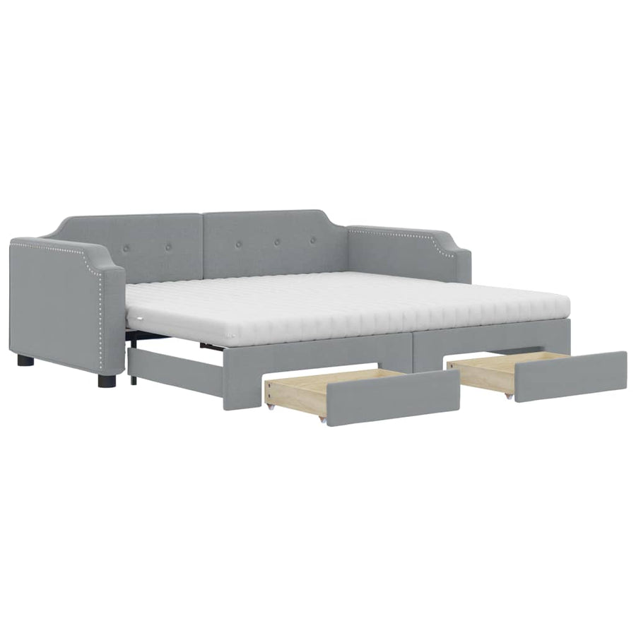 Slaapbank Met Onderschuifbed En Lades Stof 80 x 200 cm Lichtgrijs met onderschuifbed en lade en matras