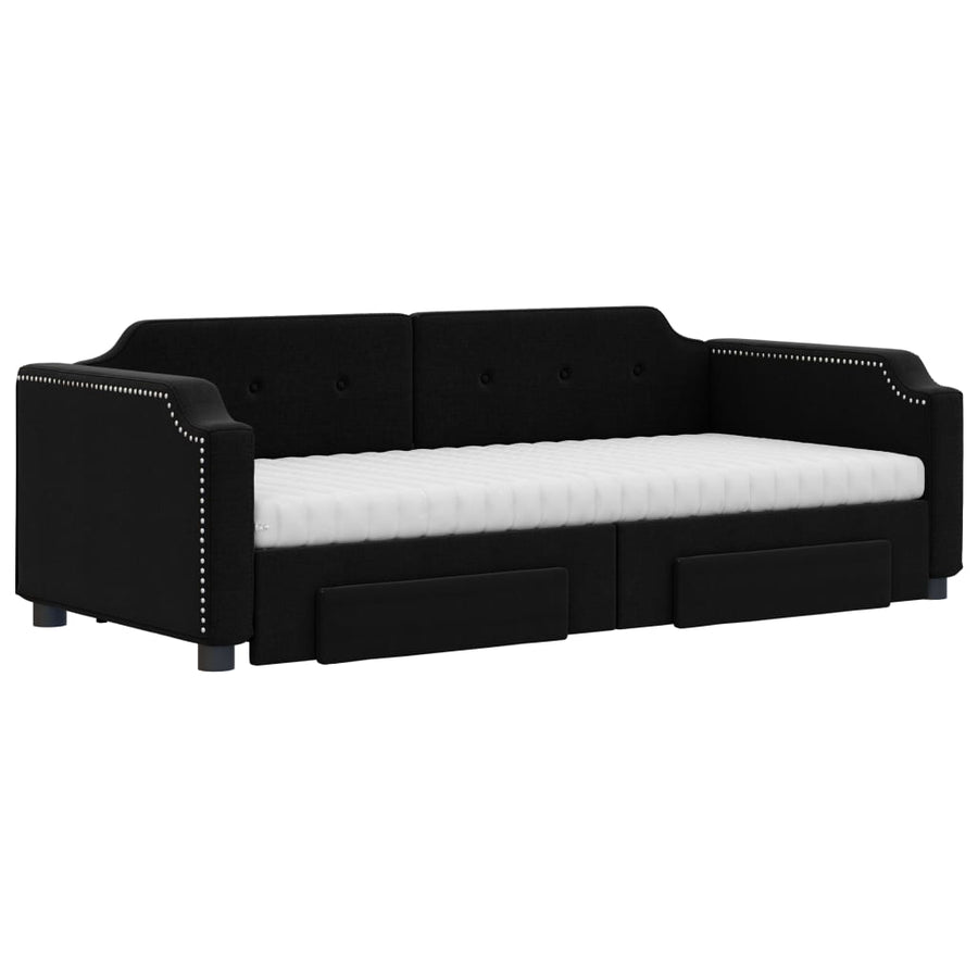 Slaapbank Met Onderschuifbed En Lades Stof 80 x 200 cm Zwart met onderschuifbed en lade en matras