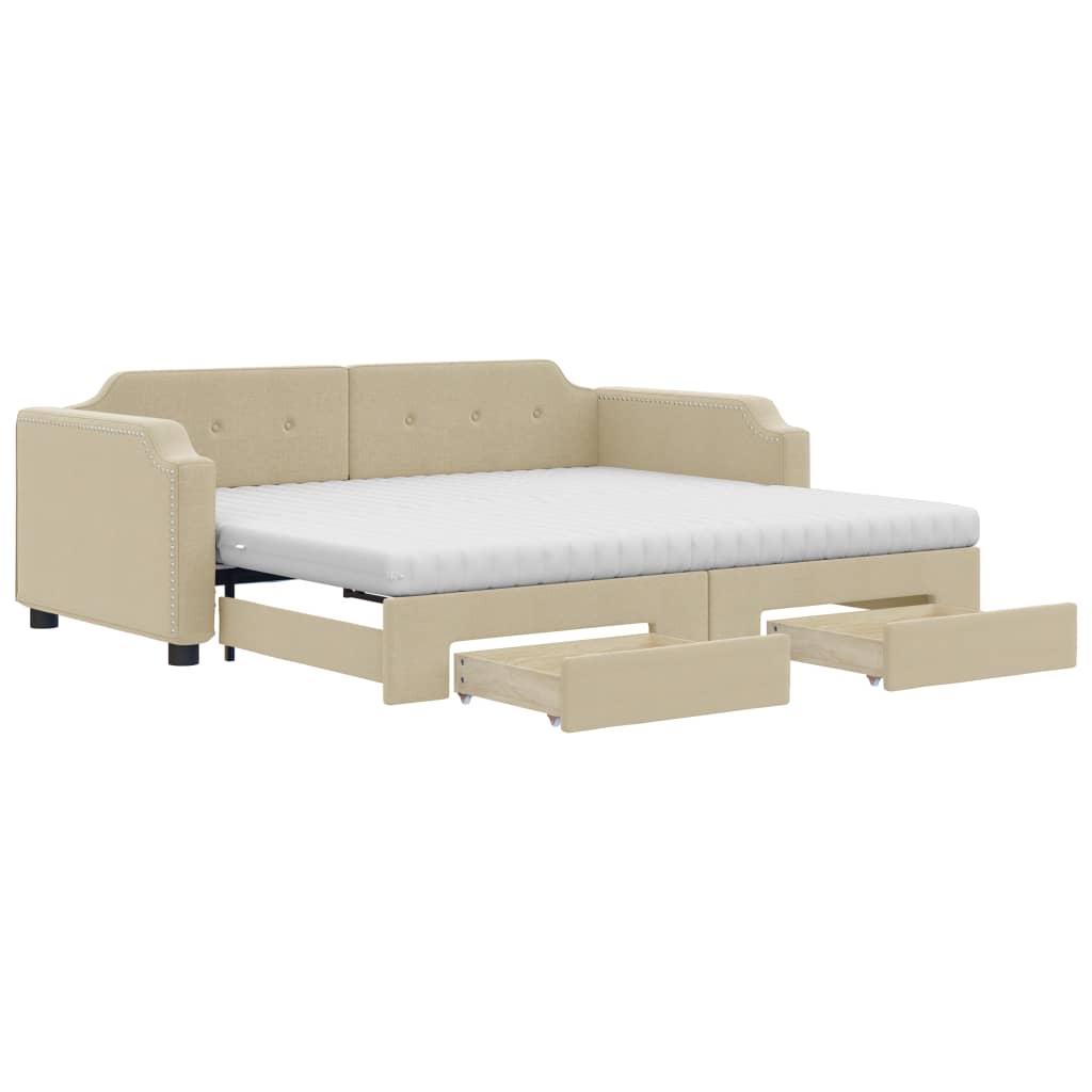Slaapbank Met Onderschuifbed En Lades Stof Kleur 80 x 200 cm Crème met onderschuifbed en lade en matras