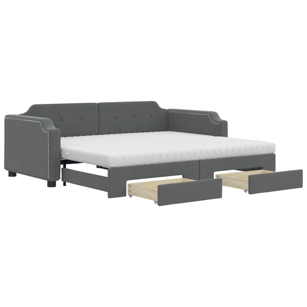 Slaapbank Onderschuifbed En Lades Stof 90 x 200 cm Donkergrijs met onderschuifbed en lade en matras