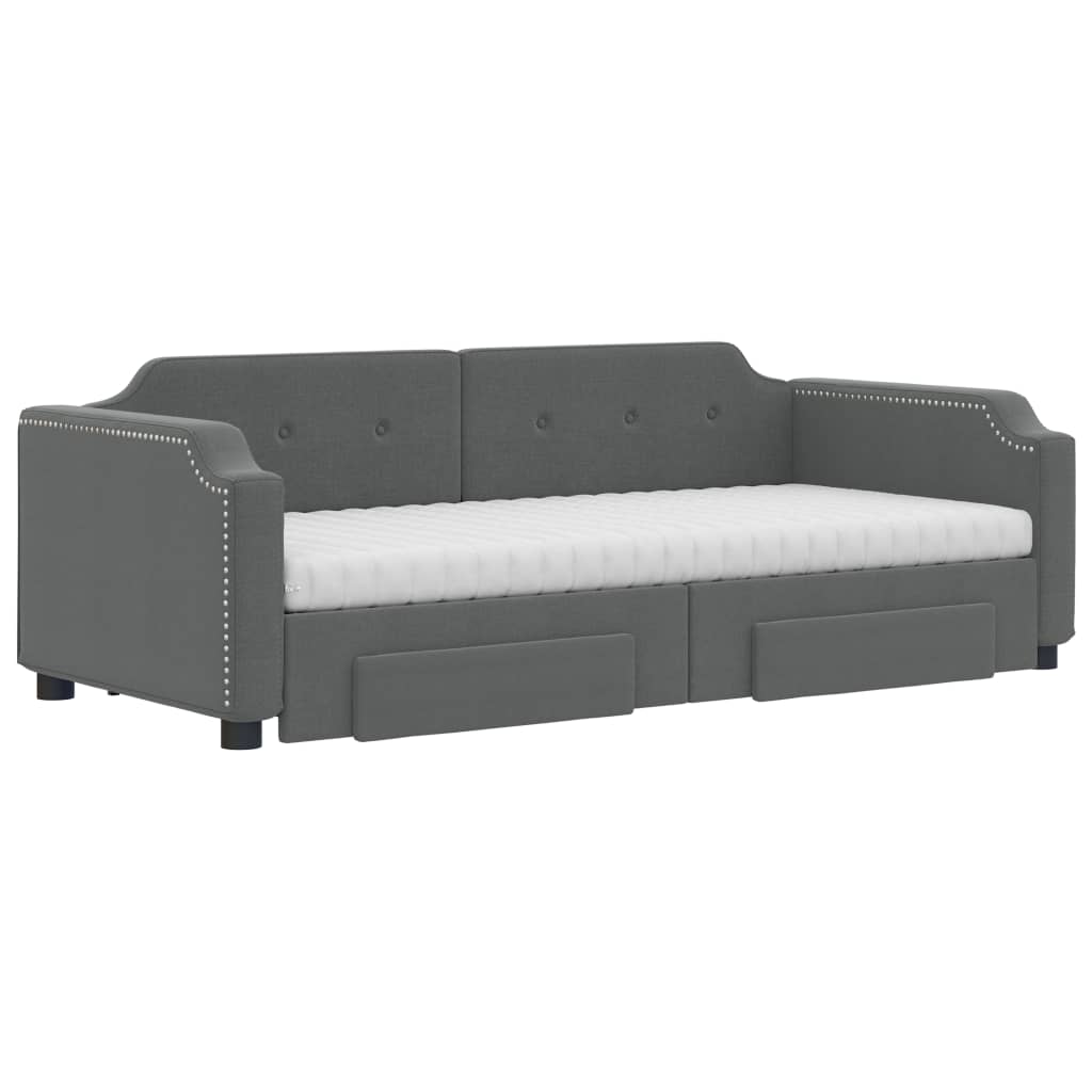 Slaapbank Onderschuifbed En Lades Stof 90 x 200 cm Donkergrijs met onderschuifbed en lade en matras