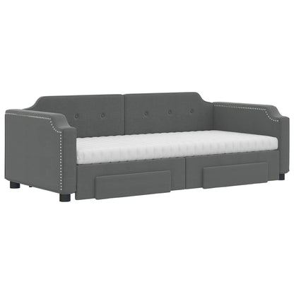 Slaapbank Onderschuifbed En Lades Stof 90 x 200 cm Donkergrijs met onderschuifbed en lade en matras