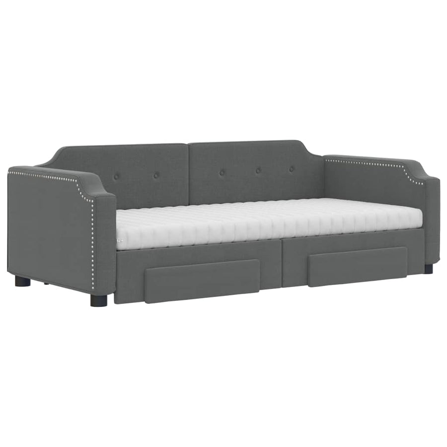 Slaapbank Onderschuifbed En Lades Stof 90 x 200 cm Donkergrijs met onderschuifbed en lade en matras