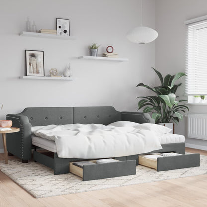 Slaapbank Onderschuifbed En Lades Stof 90 x 200 cm Donkergrijs met onderschuifbed en lade en matras