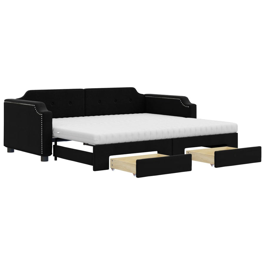 Slaapbank Met Onderschuifbed En Lades Stof 90 x 200 cm Zwart met onderschuifbed en lade en matras