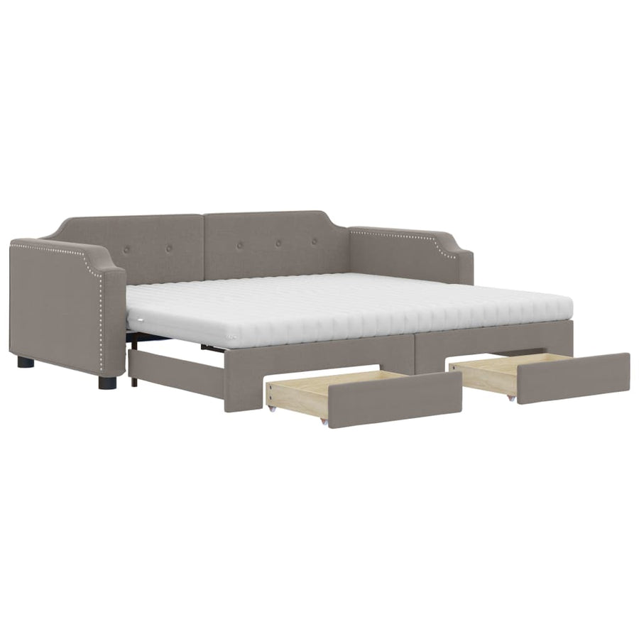 Slaapbank Met Onderschuifbed En Lades 90X200 Cm Stof Taupe Taupe 90 x 200 cm met onderschuifbed en lade en matras