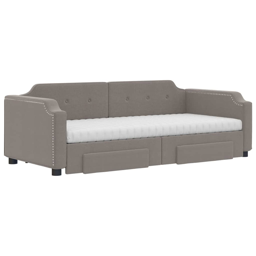 Slaapbank Met Onderschuifbed En Lades 90X200 Cm Stof Taupe Taupe 90 x 200 cm met onderschuifbed en lade en matras