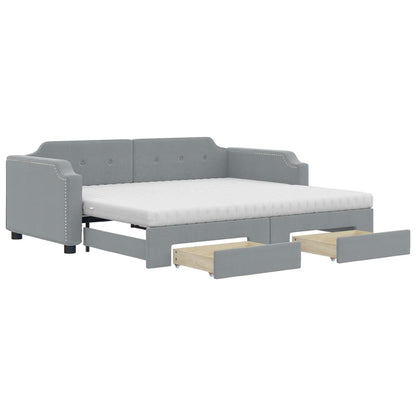 Slaapbank Onderschuifbed En Lades Stof 100 x 200 cm Lichtgrijs met onderschuifbed en lade en matras