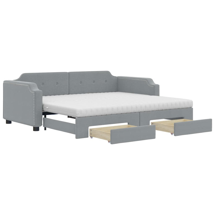 Slaapbank Onderschuifbed En Lades Stof 100 x 200 cm Lichtgrijs met onderschuifbed en lade en matras