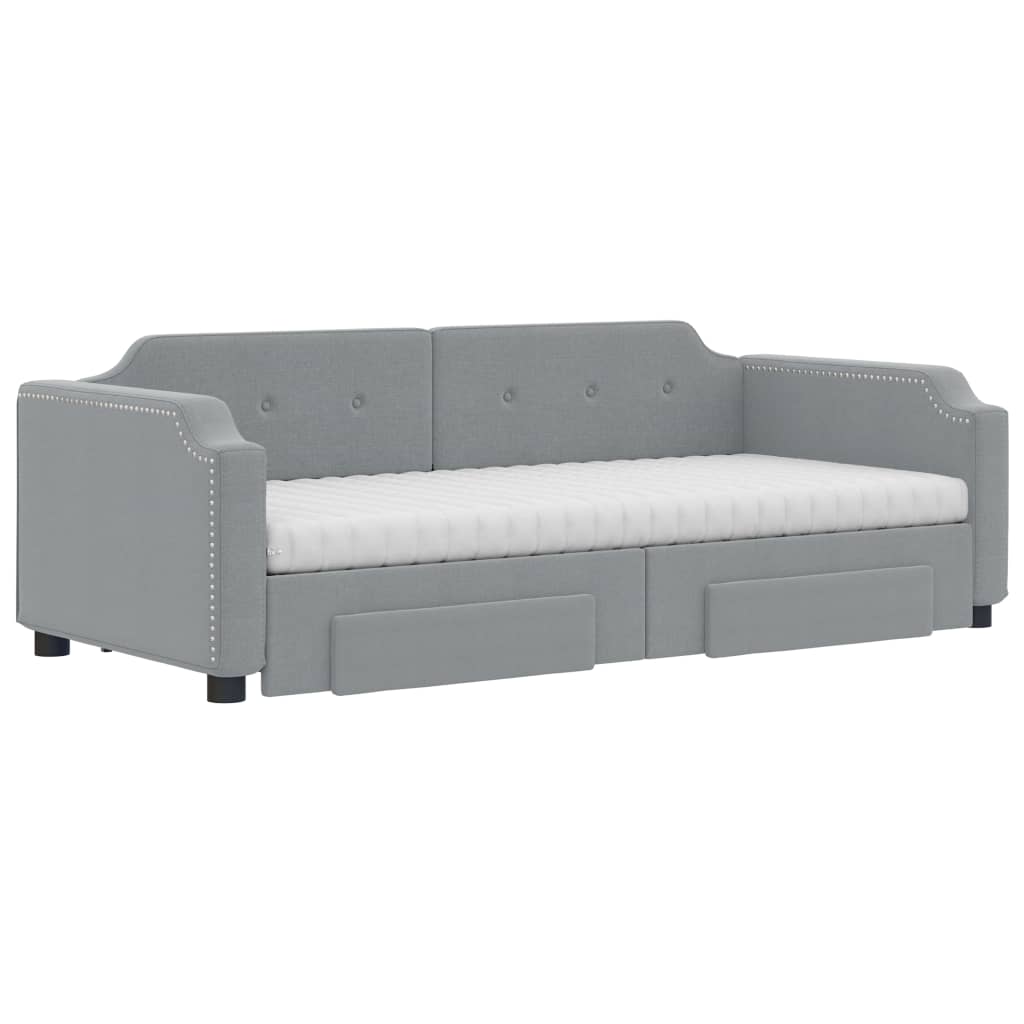 Slaapbank Onderschuifbed En Lades Stof 100 x 200 cm Lichtgrijs met onderschuifbed en lade en matras