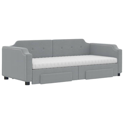 Slaapbank Onderschuifbed En Lades Stof 100 x 200 cm Lichtgrijs met onderschuifbed en lade en matras