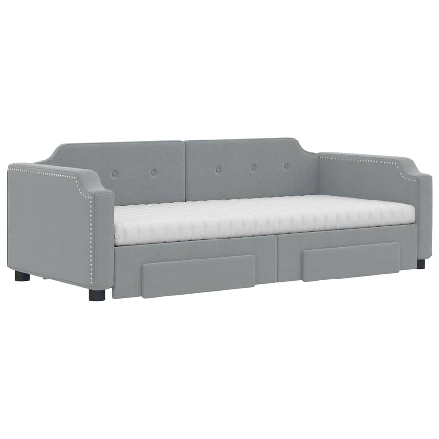 Slaapbank Onderschuifbed En Lades Stof 100 x 200 cm Lichtgrijs met onderschuifbed en lade en matras