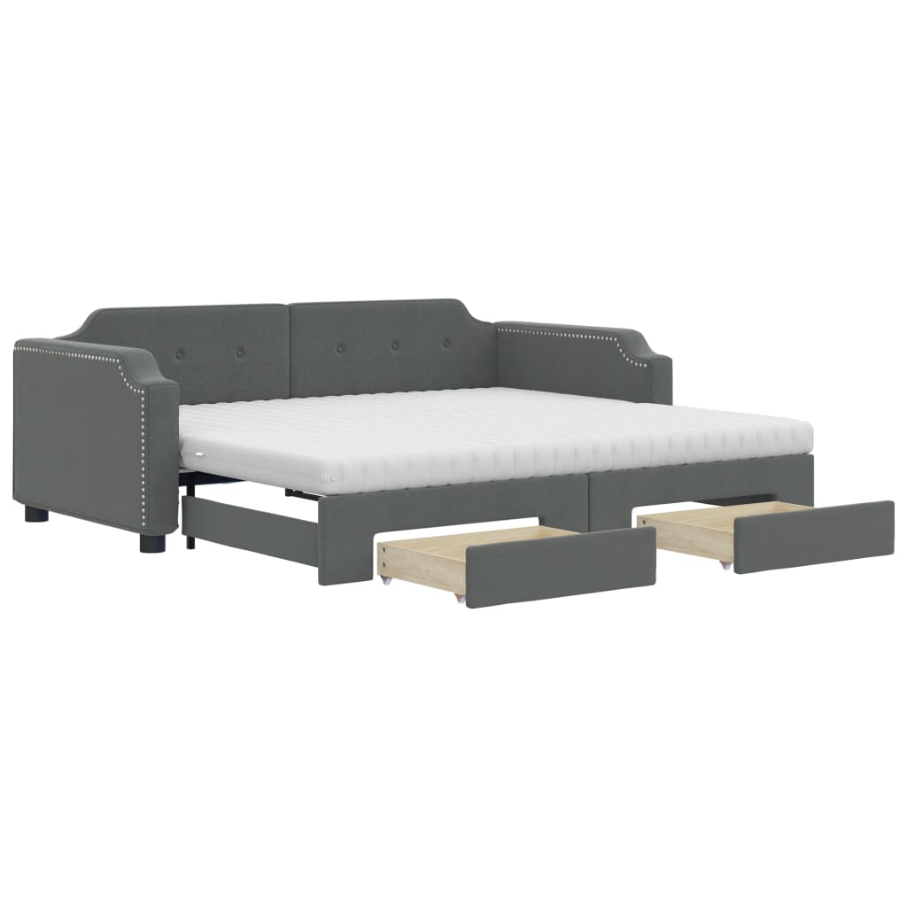 Slaapbank Onderschuifbed En Lades Stof 100 x 200 cm Donkergrijs met onderschuifbed en lade en matras