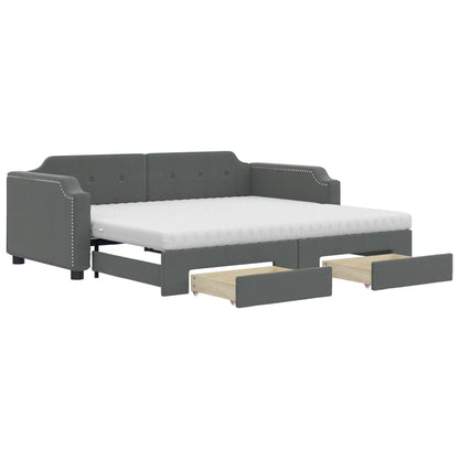 Slaapbank Onderschuifbed En Lades Stof 100 x 200 cm Donkergrijs met onderschuifbed en lade en matras