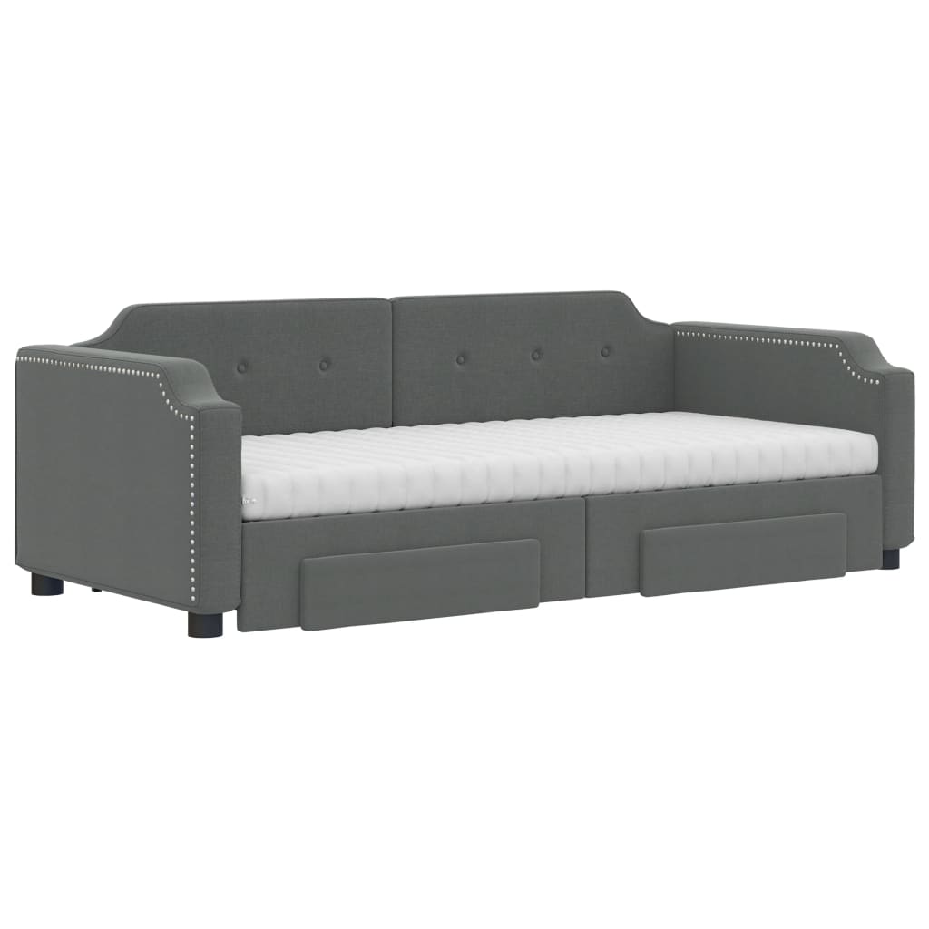 Slaapbank Onderschuifbed En Lades Stof 100 x 200 cm Donkergrijs met onderschuifbed en lade en matras