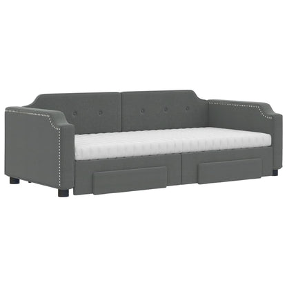 Slaapbank Onderschuifbed En Lades Stof 100 x 200 cm Donkergrijs met onderschuifbed en lade en matras