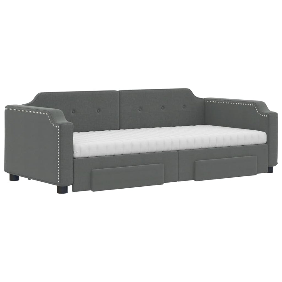 Slaapbank Onderschuifbed En Lades Stof 100 x 200 cm Donkergrijs met onderschuifbed en lade en matras
